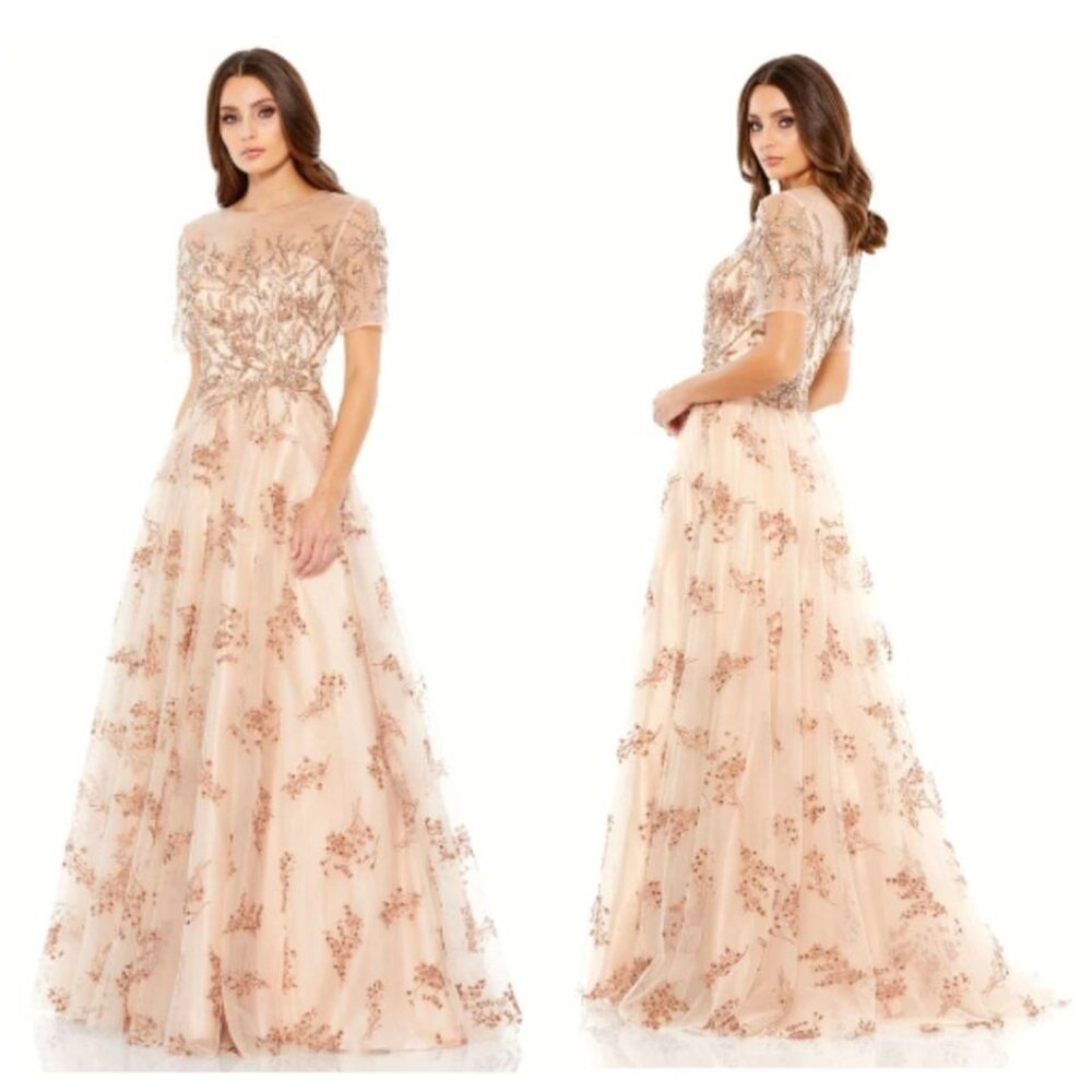 Mac Duggal Size 16 Embellished Illusion Cap Sleeve A Line Gown in Champagne New